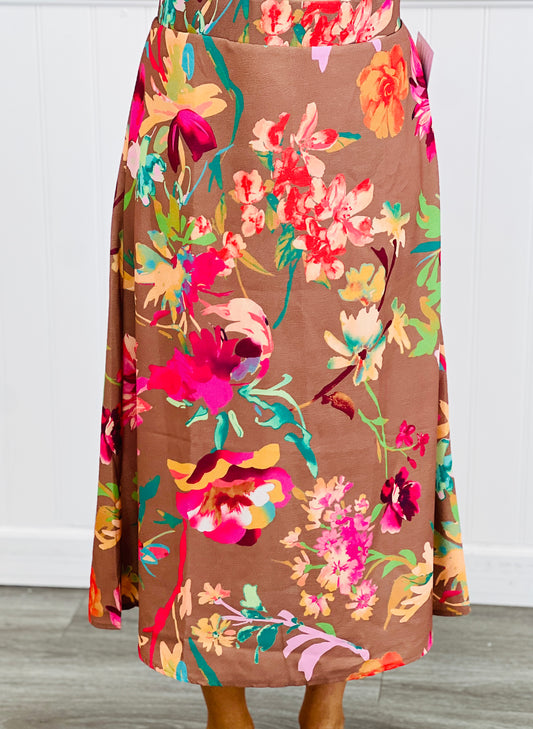 Camel/Fuchsia Floral Midi Skirt (Reg. and Plus)