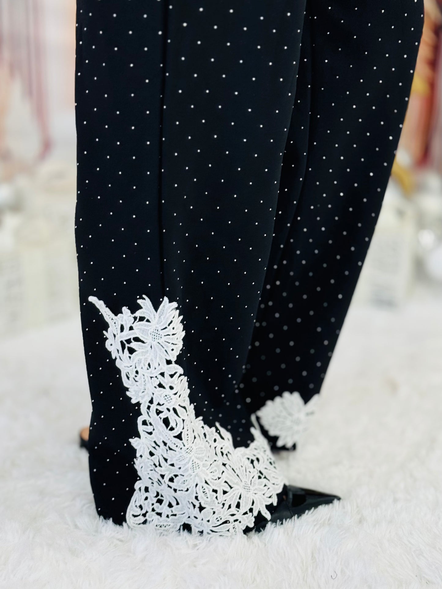 Rhinestone Floral Eyelet Detail Zip Up Jacket & Pants Set (Reg.)