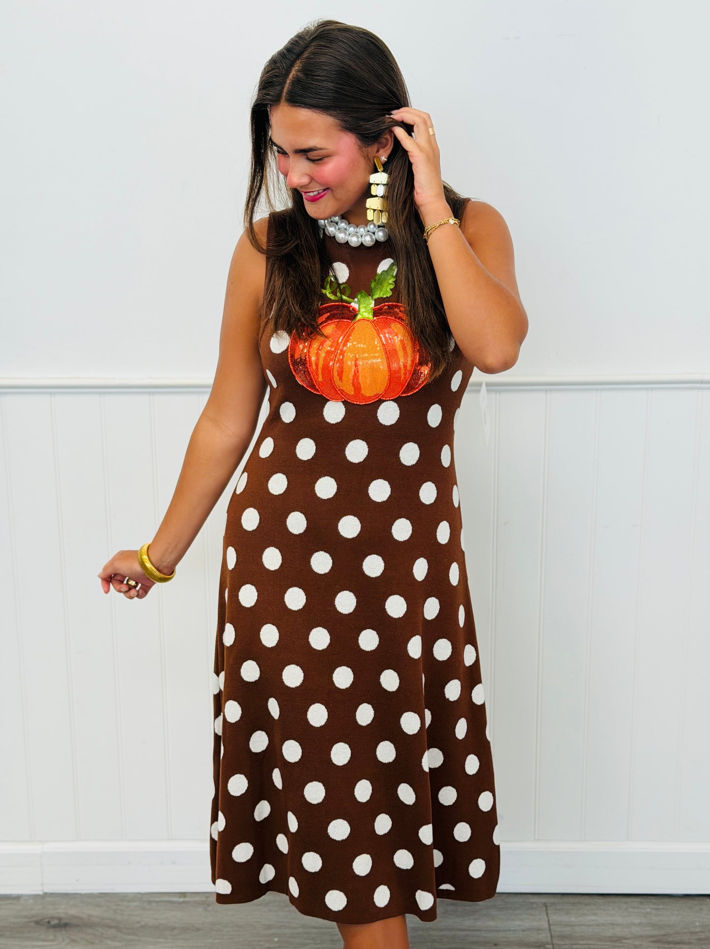 Queen Of Sparkles Brown Polka Dot Pumpkin Midi Tank Dress (Reg. and Plus)