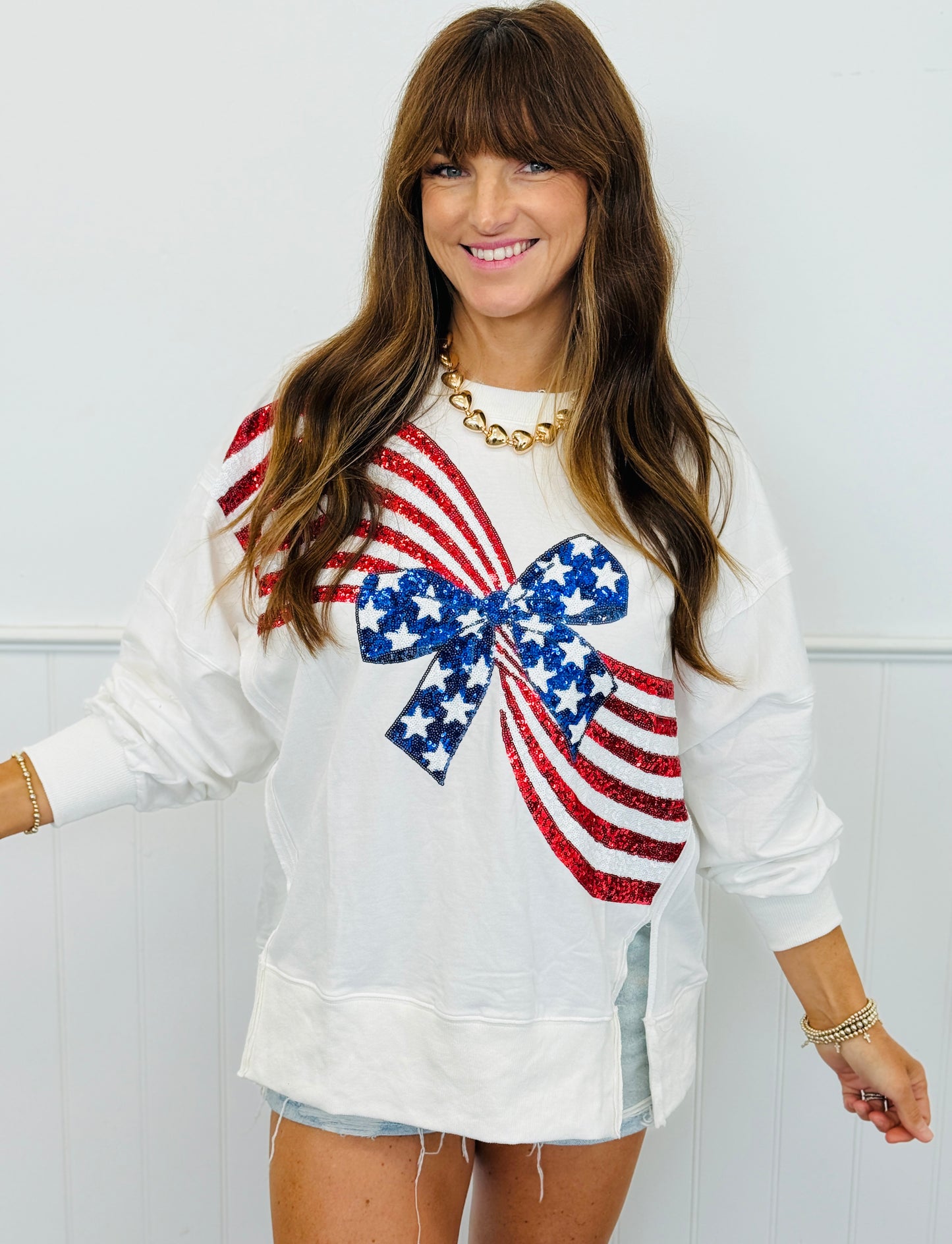 American Flag Bow Sequin Sweatshirt (Reg.)-2 Colors