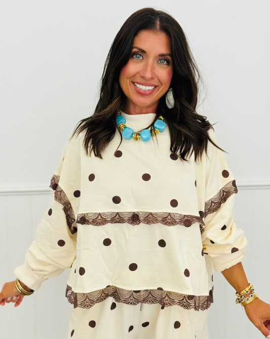 Ivory/Brown Polka Dot Seam Lace Sweatshirt (Reg.)