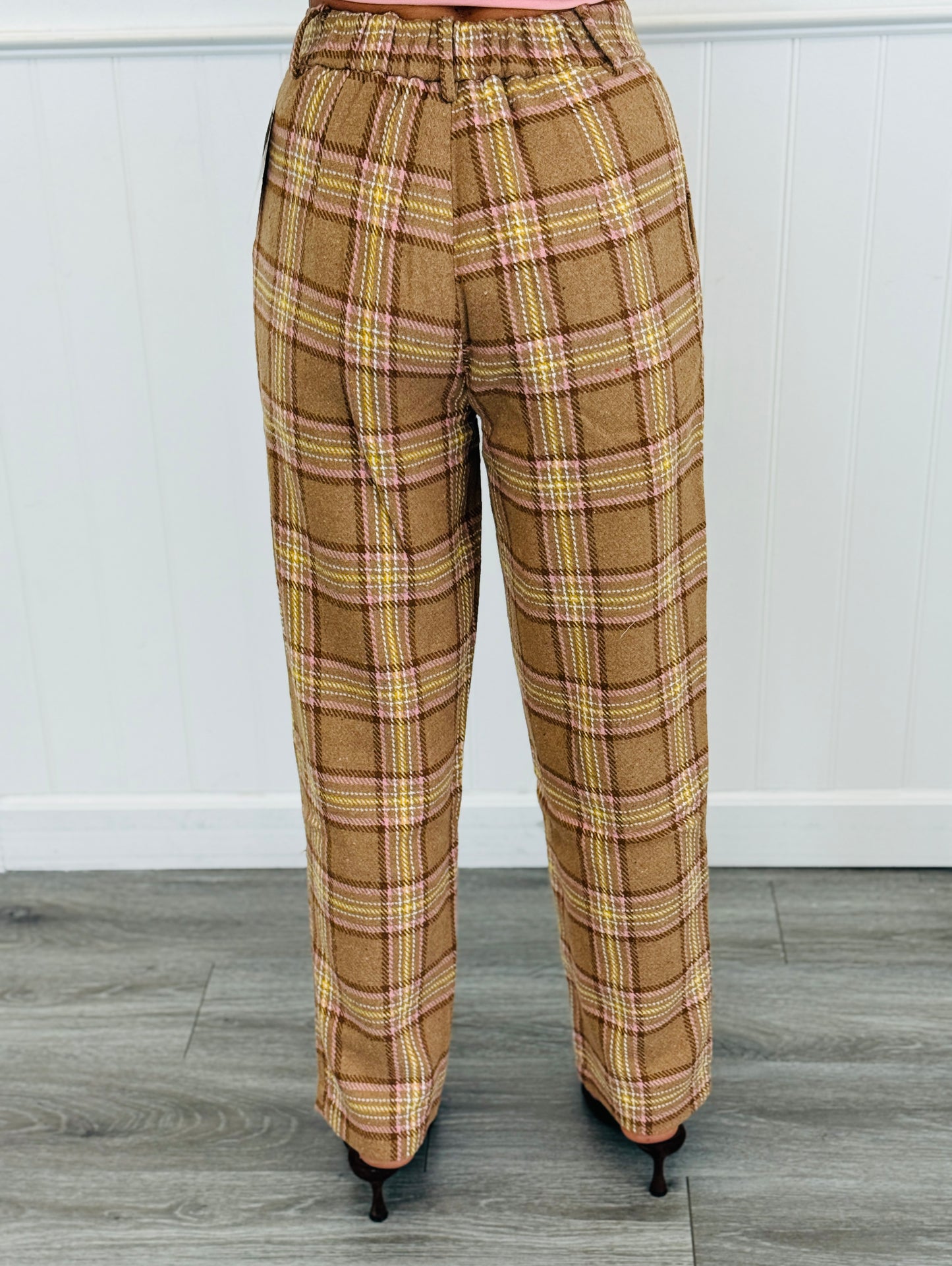 Tan Plaid Brushed Wool Blend Trousers (Reg & Plus)