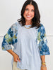 Lt Blue Sequined Floral Mesh Sleeve Top (Reg & Plus)
