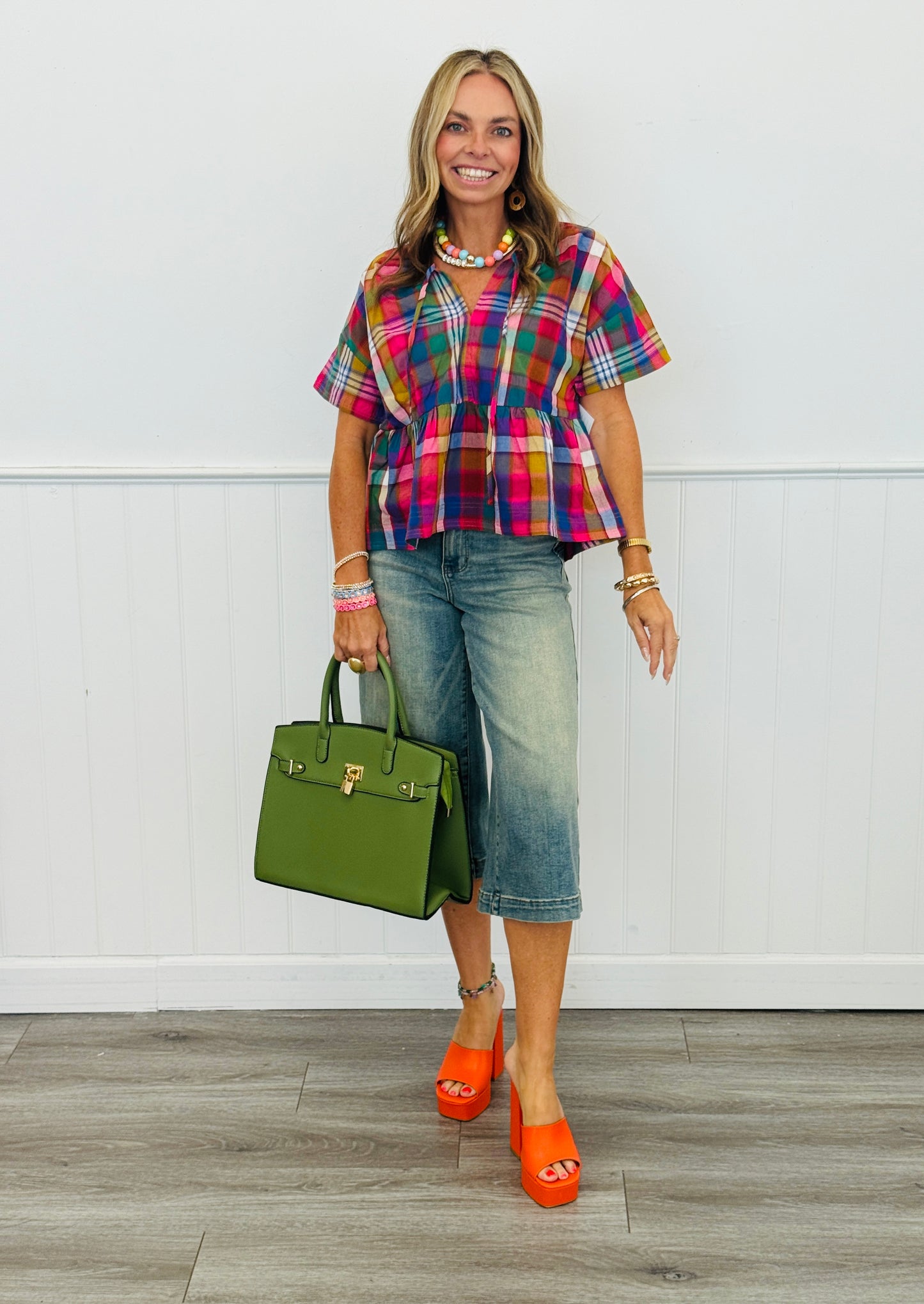 Plaid Babydoll Self Tie Detail Blouse (Reg.)