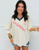 Ivory Pinstriped Game Day Lace Sleeves Top (Reg.)