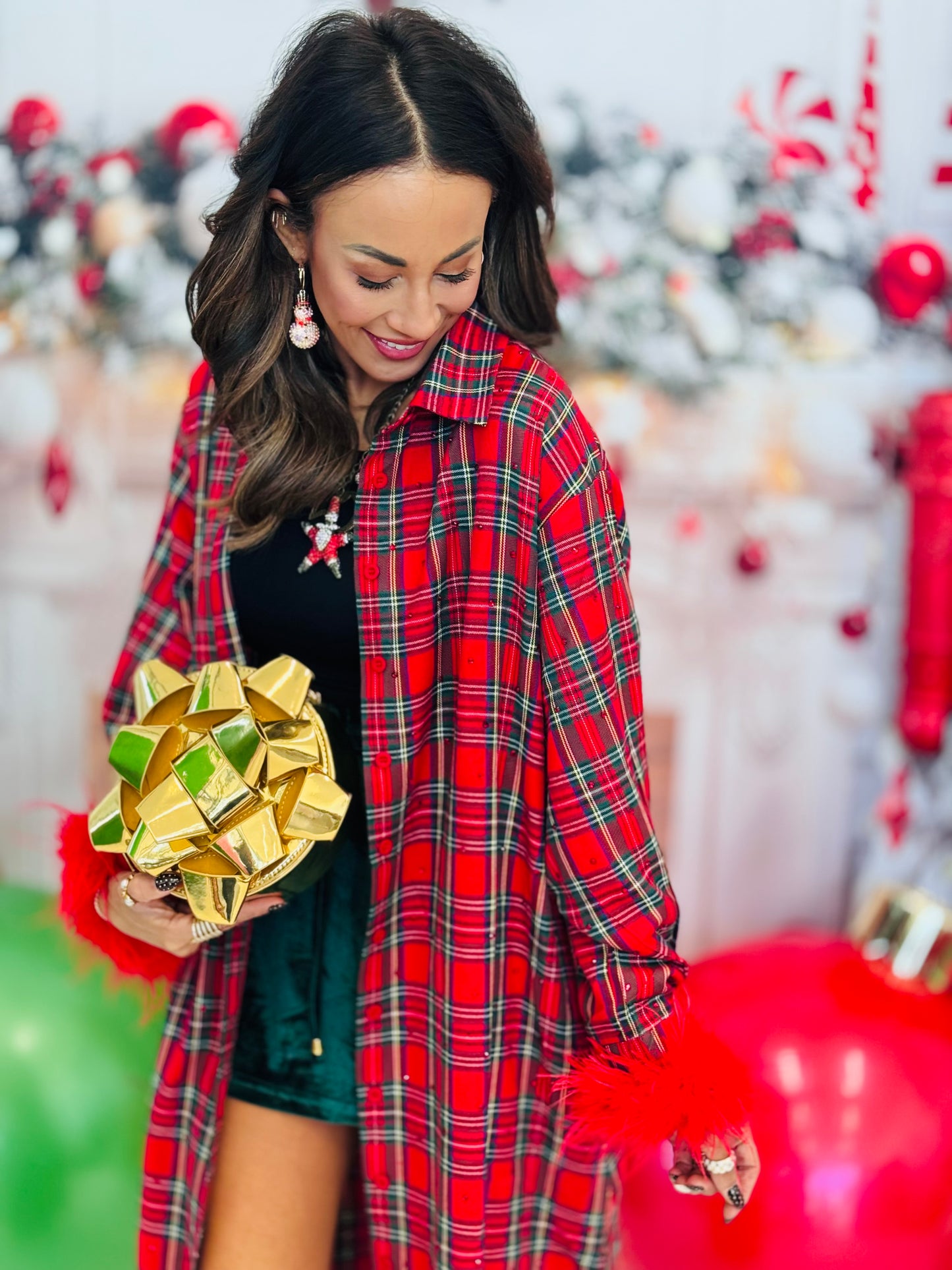 Queen Of Sparkles Plaid Rhinestone Feather Sleeve Dress (Reg. & Plus)