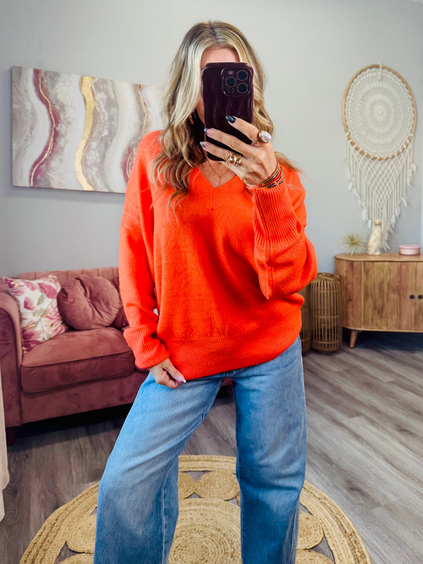 Orange Red V-Neck Sweater Top (Reg.)