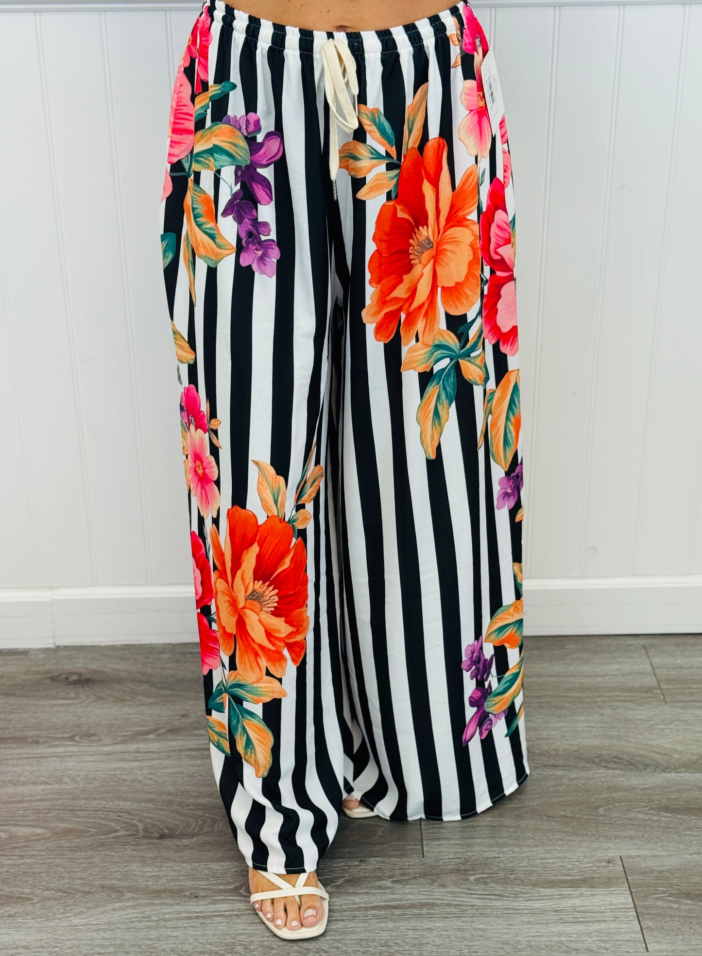 Black Striped Floral Palazzo Pants (One Size)