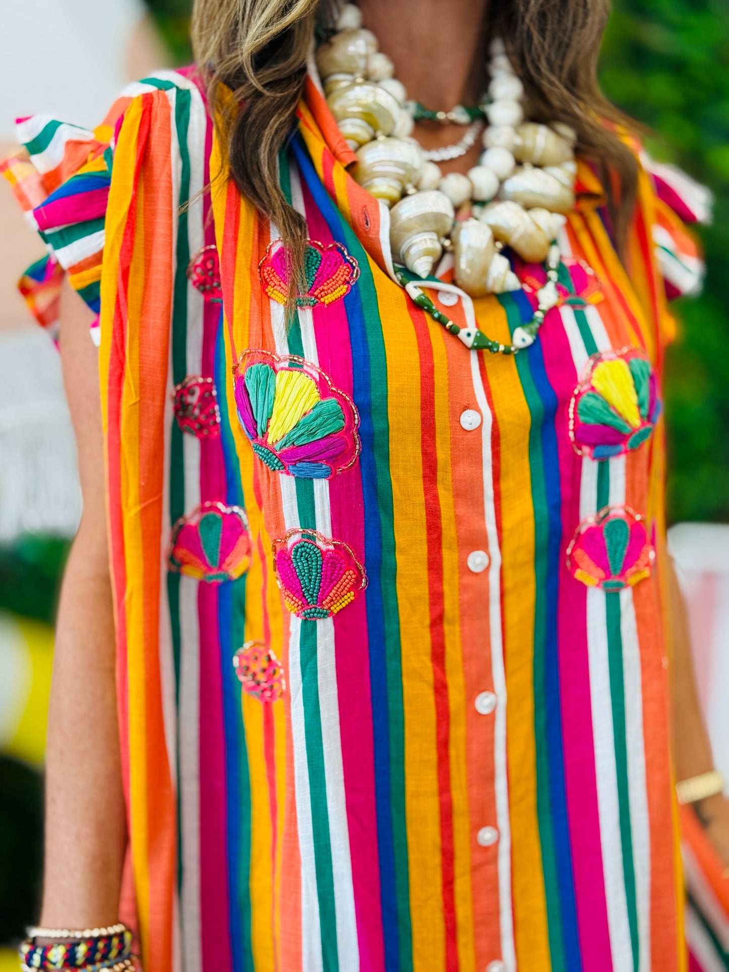 Striped Seashell Ruffle Sleeves Mini Dress (One Size)