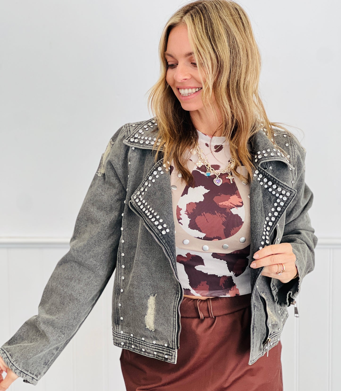 Black Denim Rhinestone Zip Up Moto Jacket (Reg. & Plus)