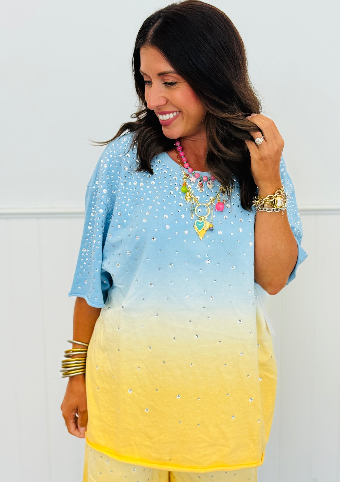 Ombre Rhinestone Short Sleeve Top & Shorts Set (Reg. & Plus)