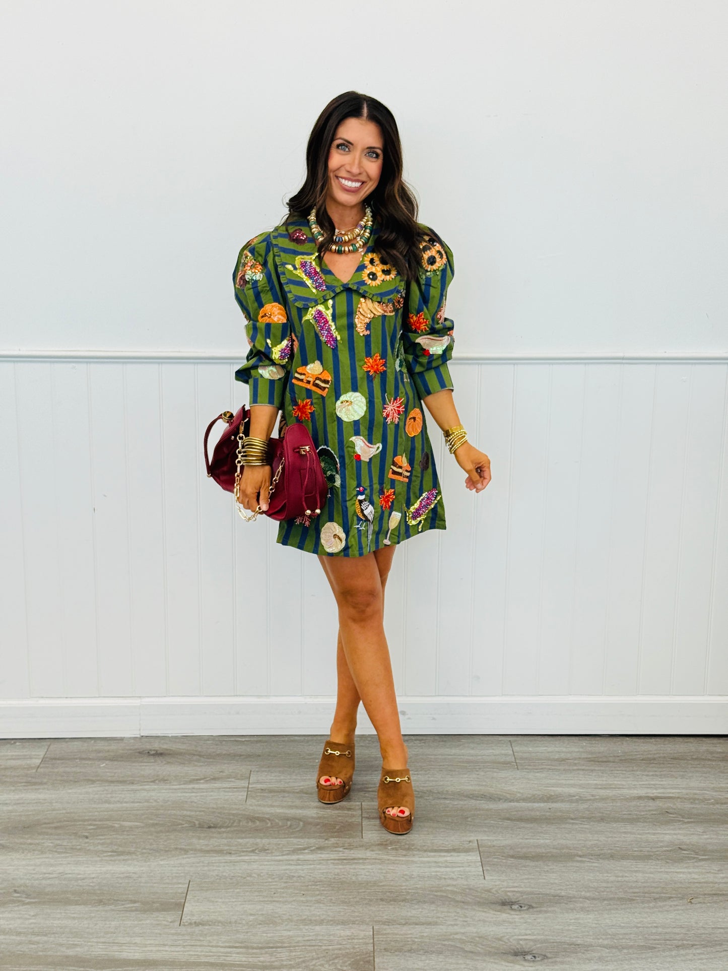 Queen Of Sparkles Dk Green/Blue Striped Thanksgiving Icon Dress (Reg. and Plus)