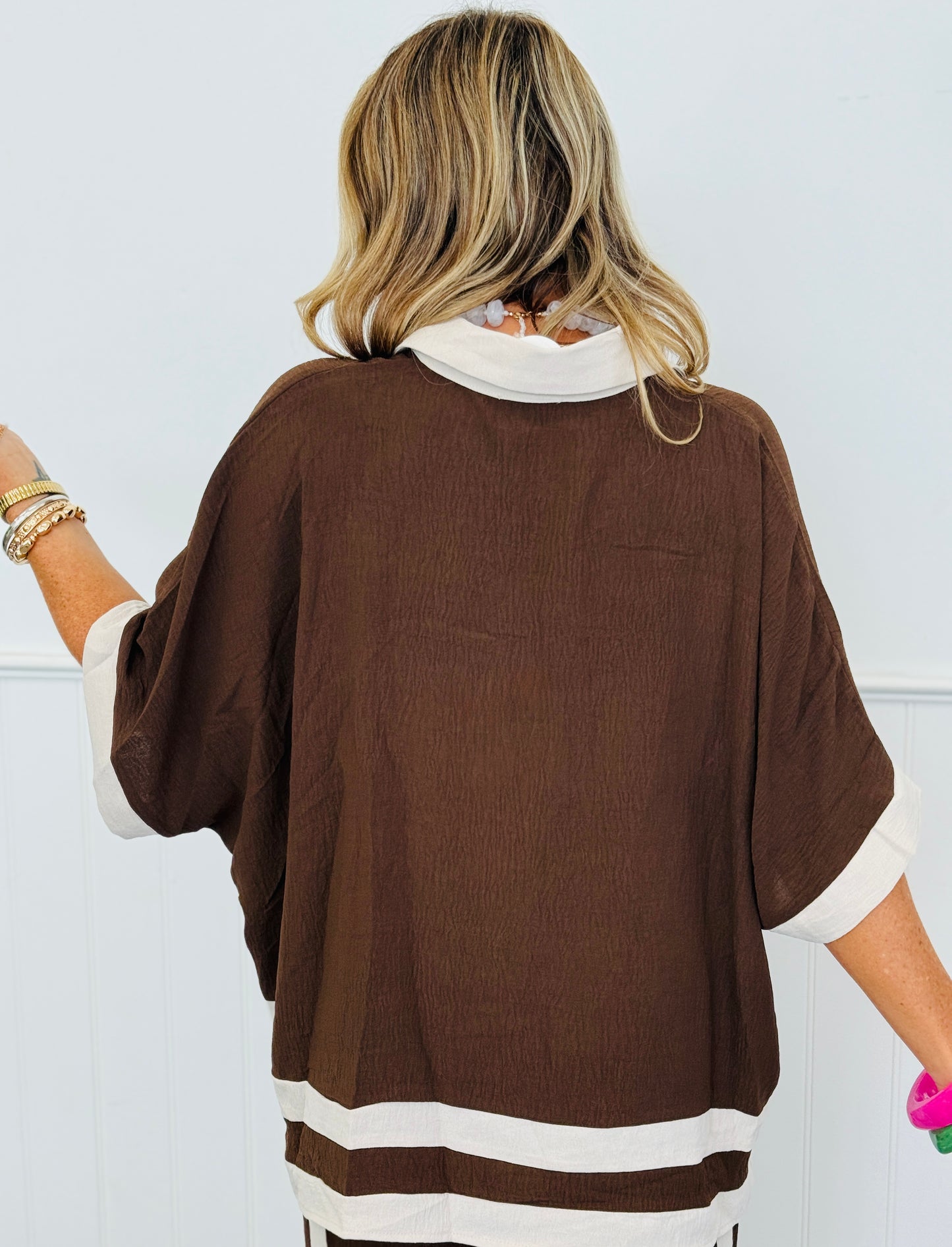 Chocolate Contrast Stripe Shirt & Pants Set (Reg & Plus)