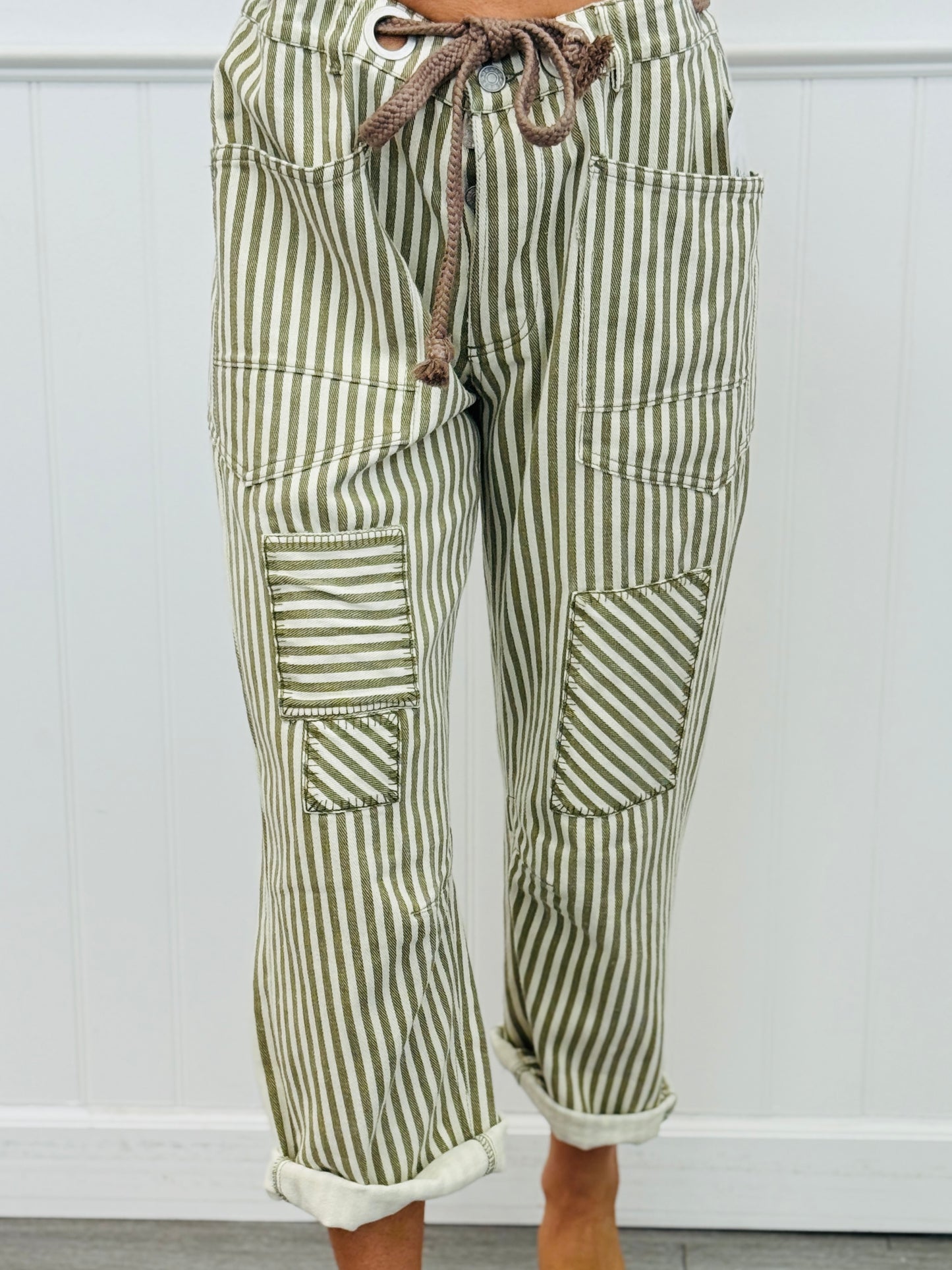 Olive Striped Twill Barrel Pants (Reg.)