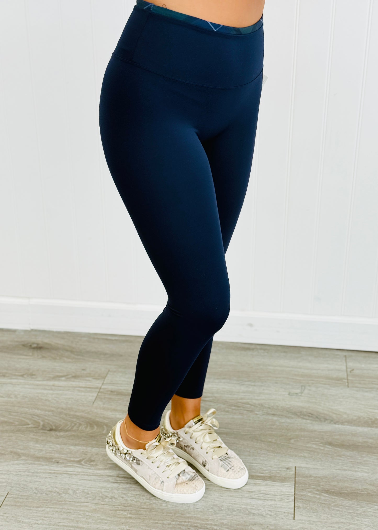 Dark Navy Plaid Contrast Binding Leggings (Reg.)