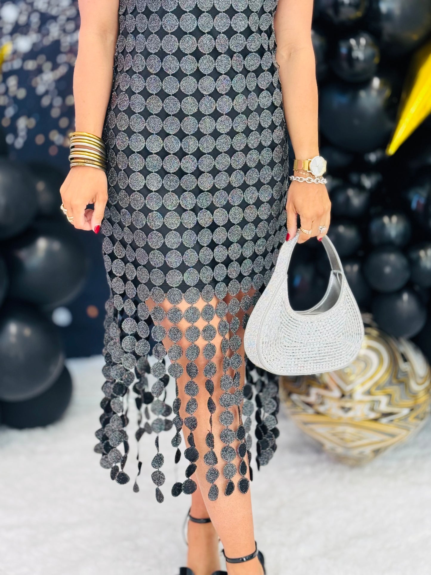 Black Circular Sequins Midi Dress (Reg & Plus)