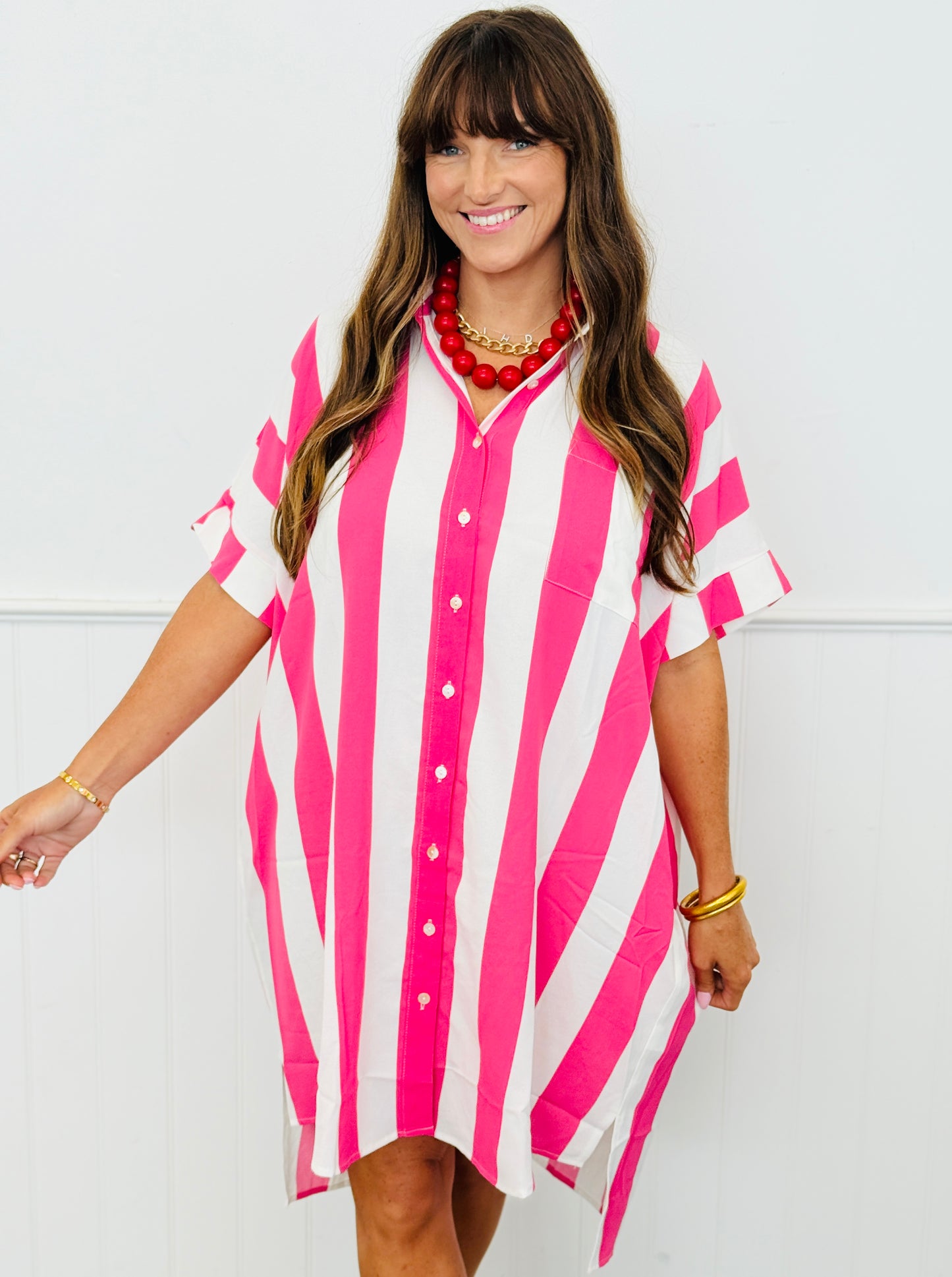 Pink & White Vertical Stripe Shirt Dress (Reg. & Plus)
