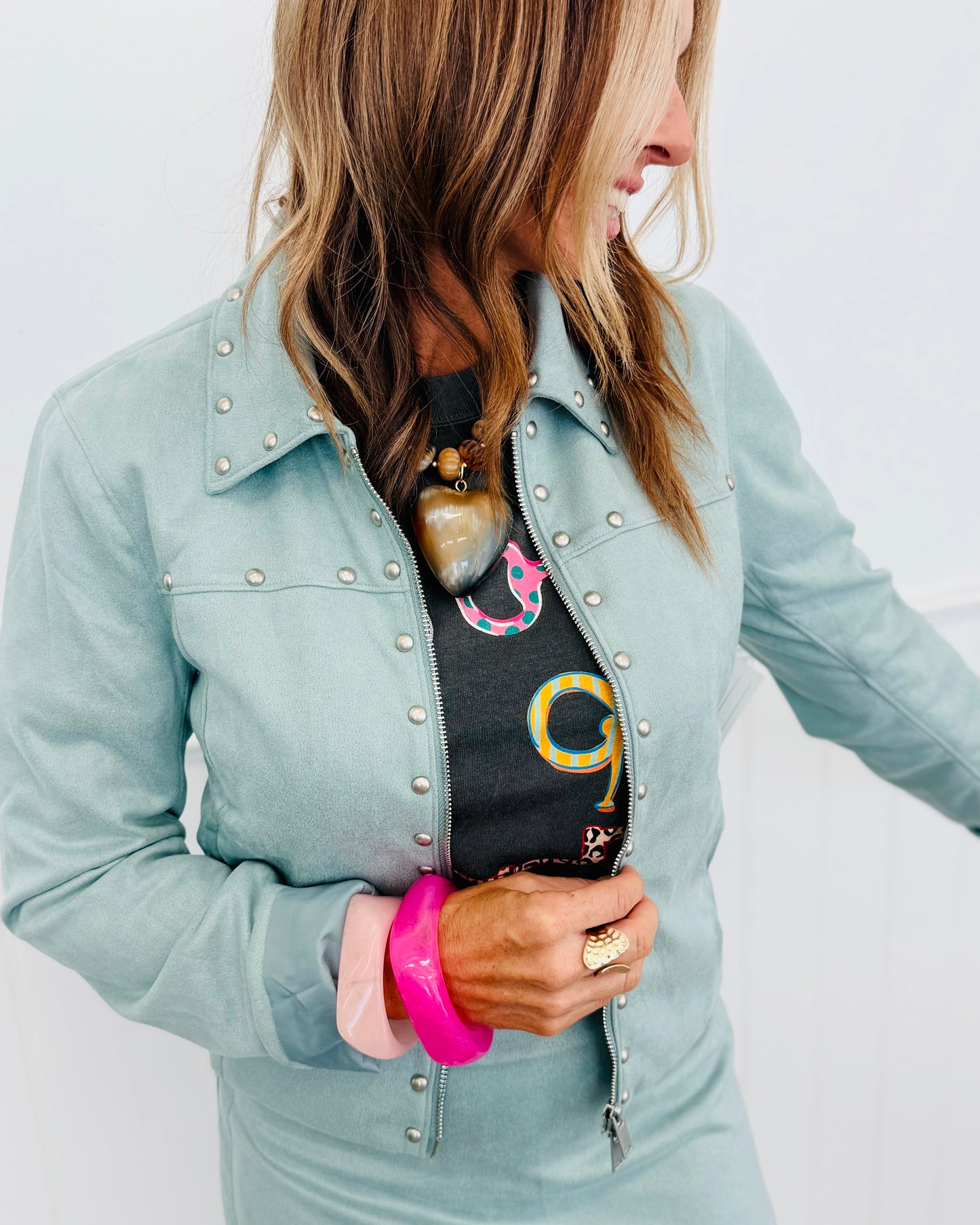 Dusty Blue Stud Detail Zip Up Jacket (Reg & Plus)