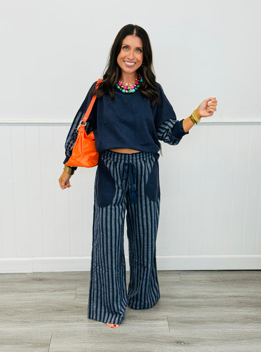 Washed Navy Striped Sweatshirt & Pants Set (Reg & Plus)