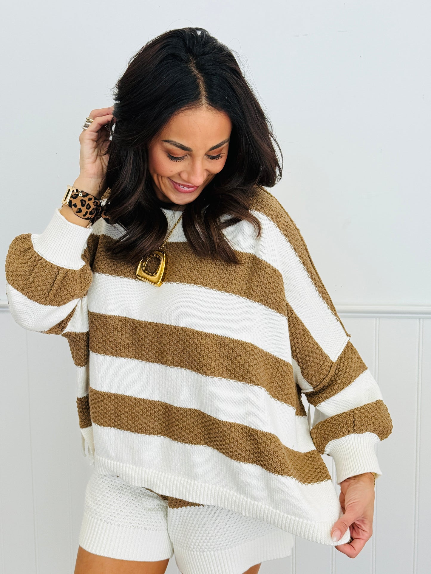 Khaki/White Striped Oversized Sweater Top (Reg.)