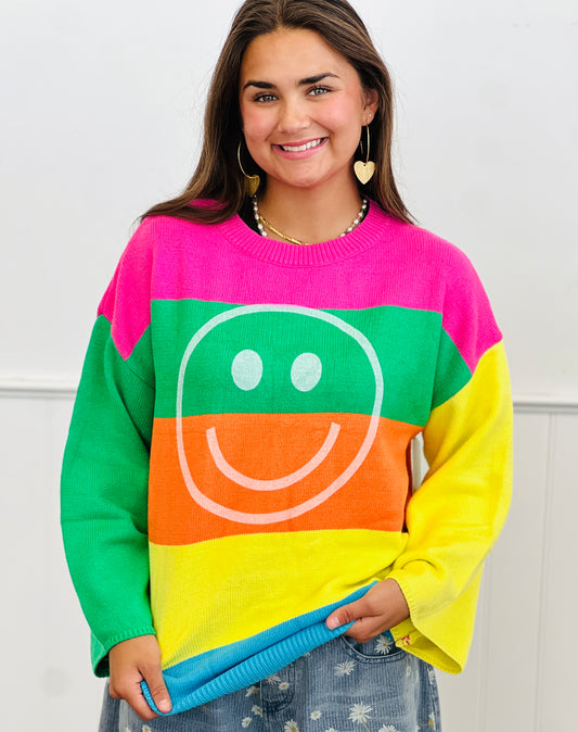 Multi Colored Wide Stripe Happy Face Sweater (Reg. and Plus)