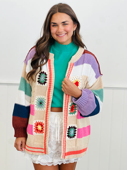 POL Almond Stripe Granny Squares Sweater Cardigan (Reg.)