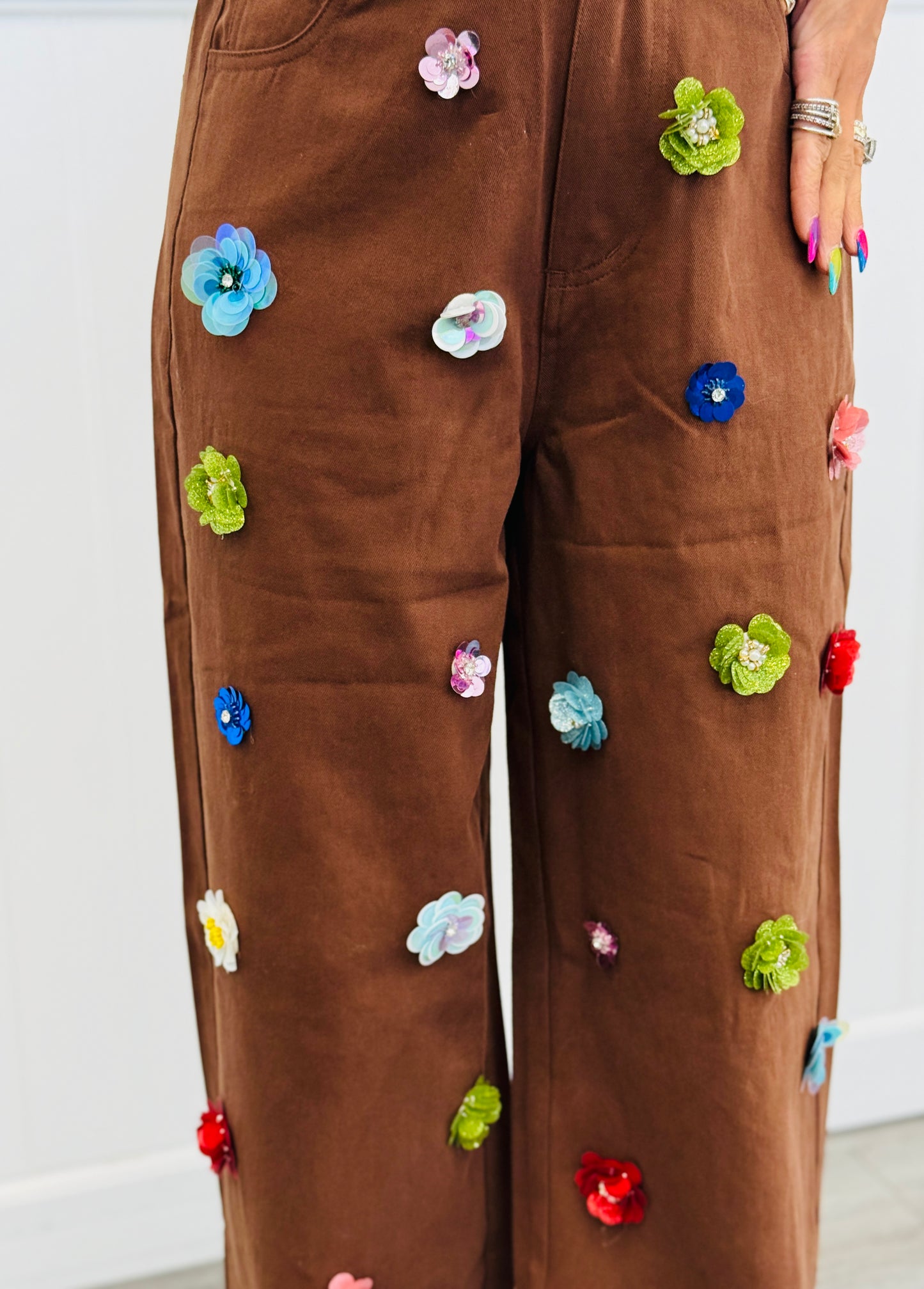 Queen Of Sparkles Brown Multi Sequin Flower Wide Leg Jeans (Reg. and Plus)