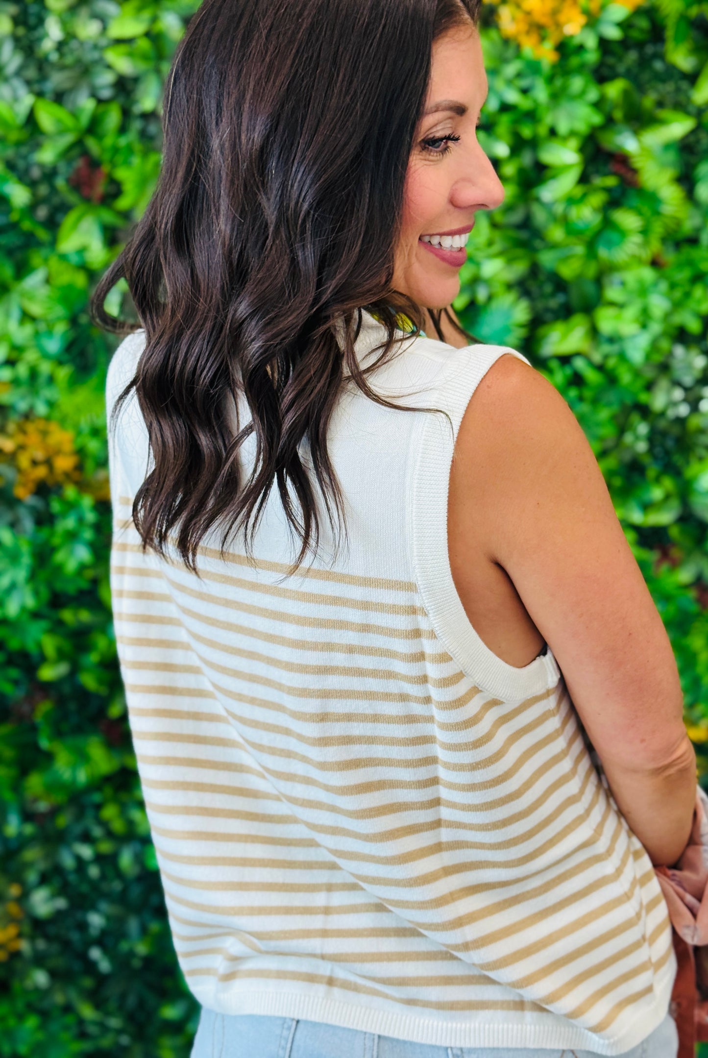 Queen Of Sparkles Ivory & Tan Striped Shell Tank (Reg. & Plus)