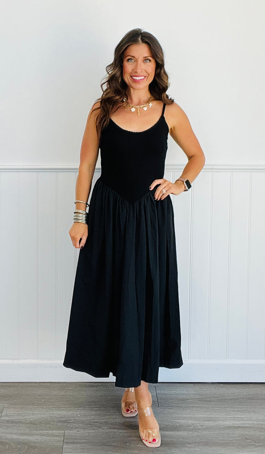 Black Sleeveless Contrast Rib Midi Dress (Reg.)