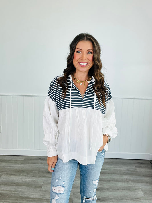 White/Denim Boxy Contrast Stripe Top (Reg)