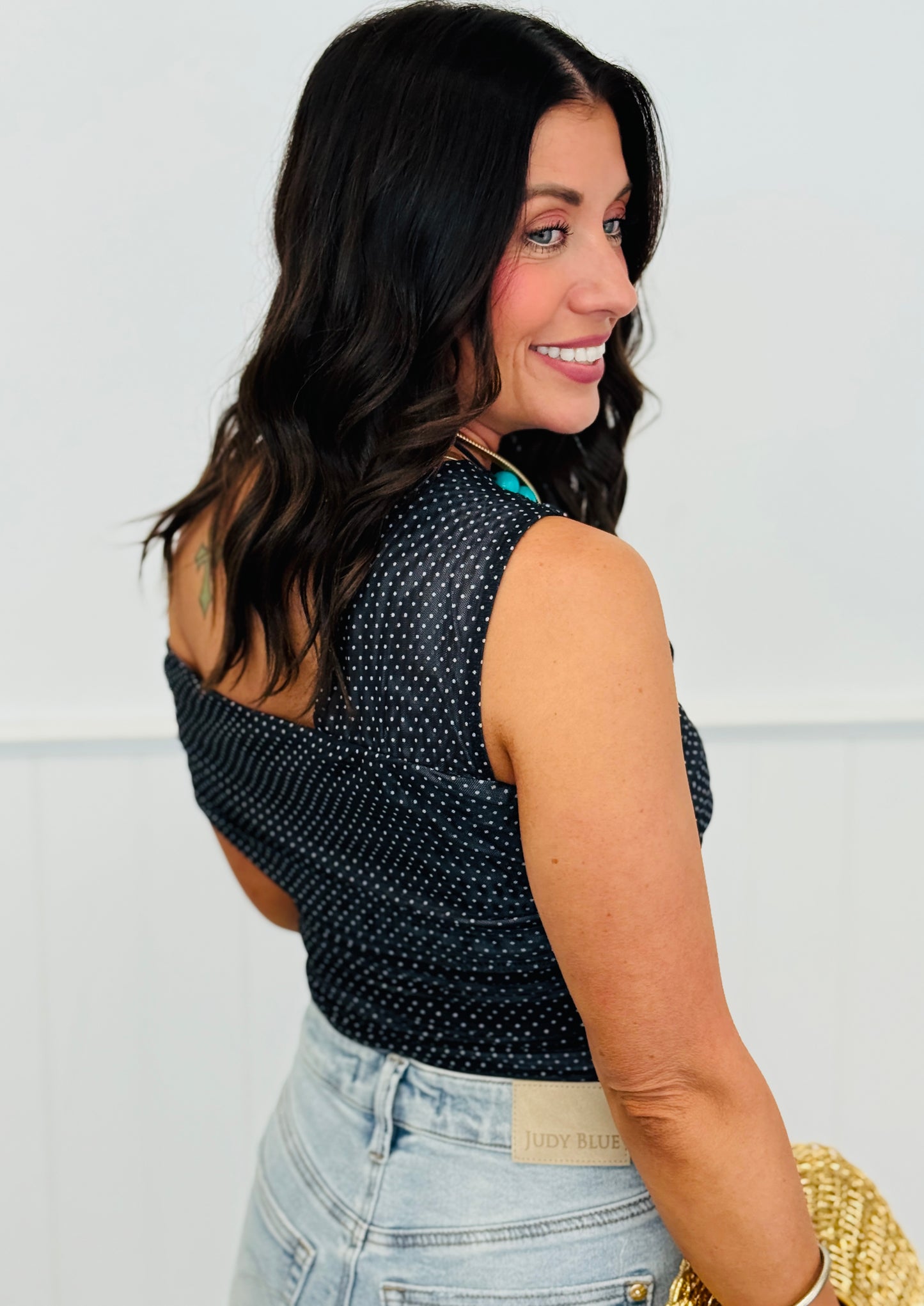 Black/Ivory Polka Dot One Shoulder Top (Reg & Plus)