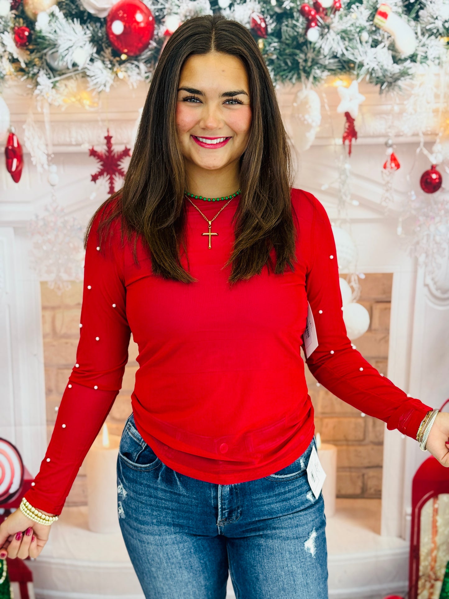 Red Pearl Detail Mesh Long Sleeve Top (Reg. and Plus)