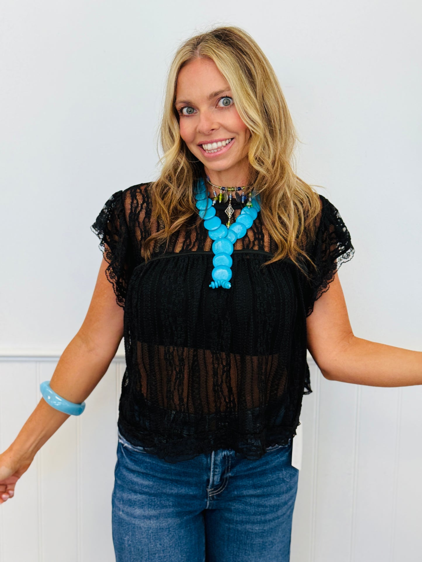Lace Sheer Neck Tie Blouse (Reg.) - 2 Colors
