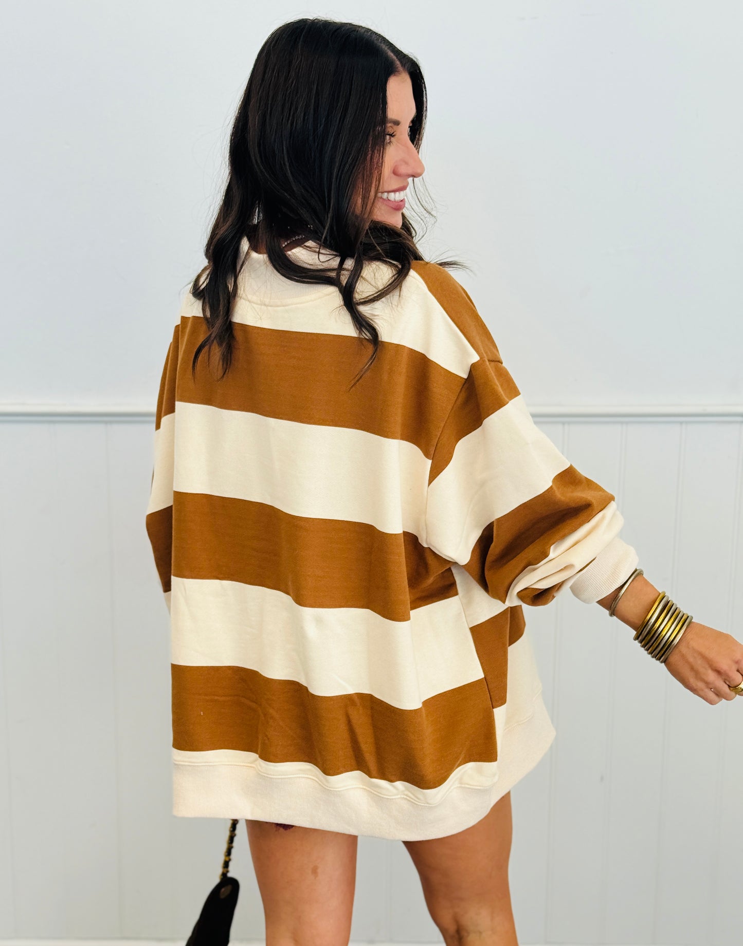 Camel Cream Stripe Lucky Duck Mock Neck Sweatshirt (Reg.)