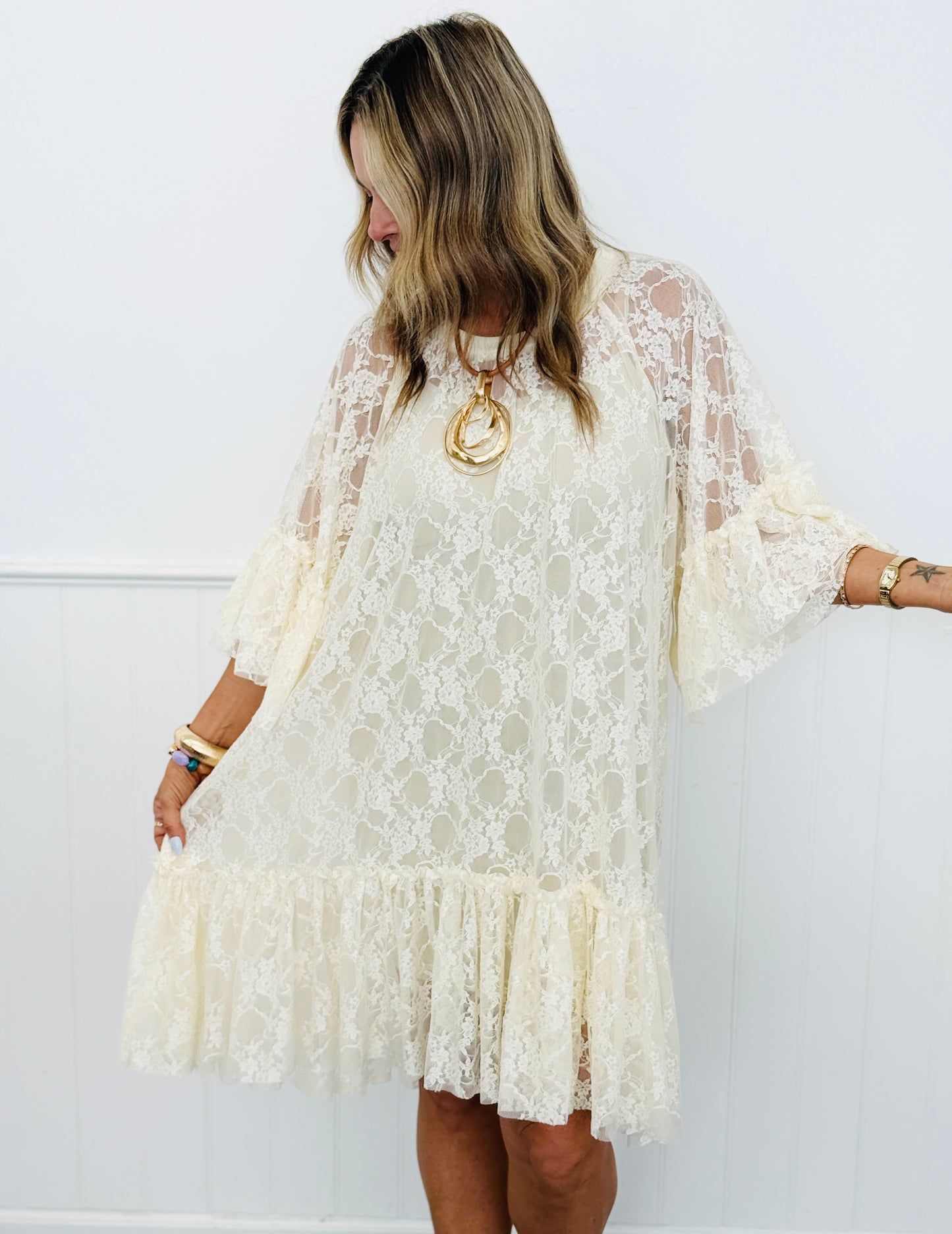 Cream Sheered Lace Tiered Tunic Top (Reg & Plus)