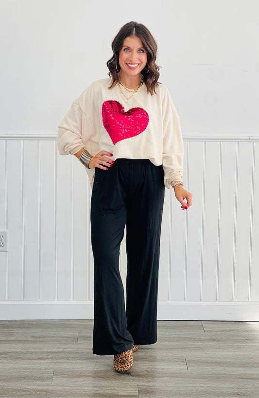 Cream Sequin Heart Oversized Pullover Sweater Top (Reg. and Plus)