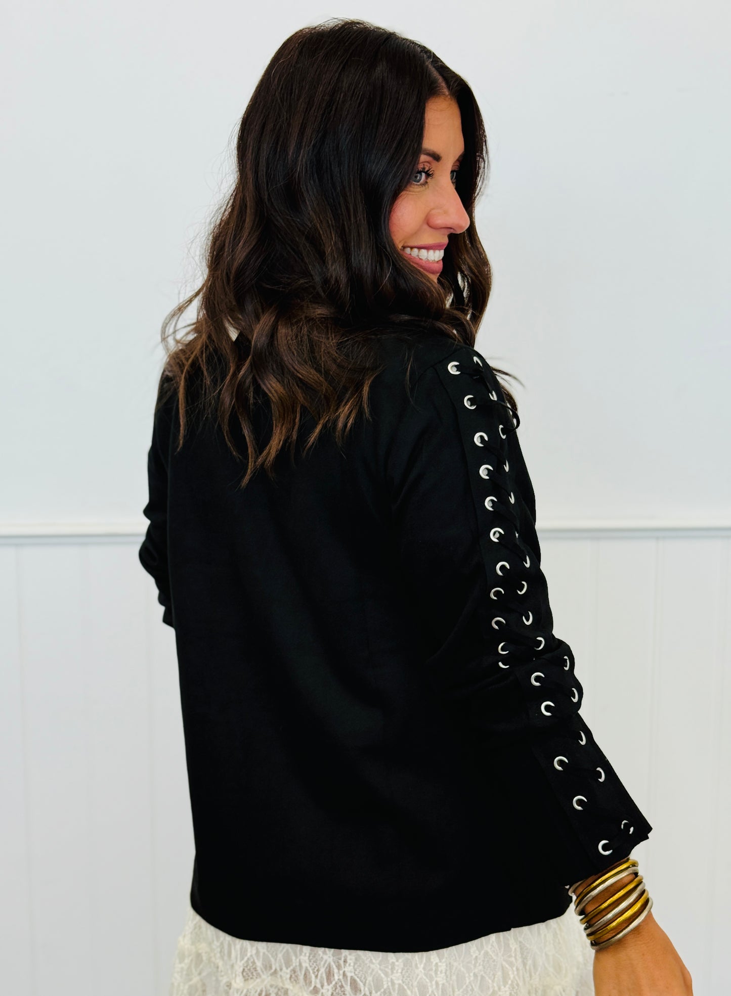 Black Suede Lace Up Cardigan (Reg. and Plus)