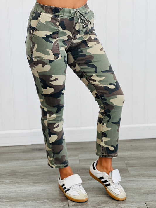 Olive Camo High Rise Cropped Pull On Pants (Reg. and Plus)