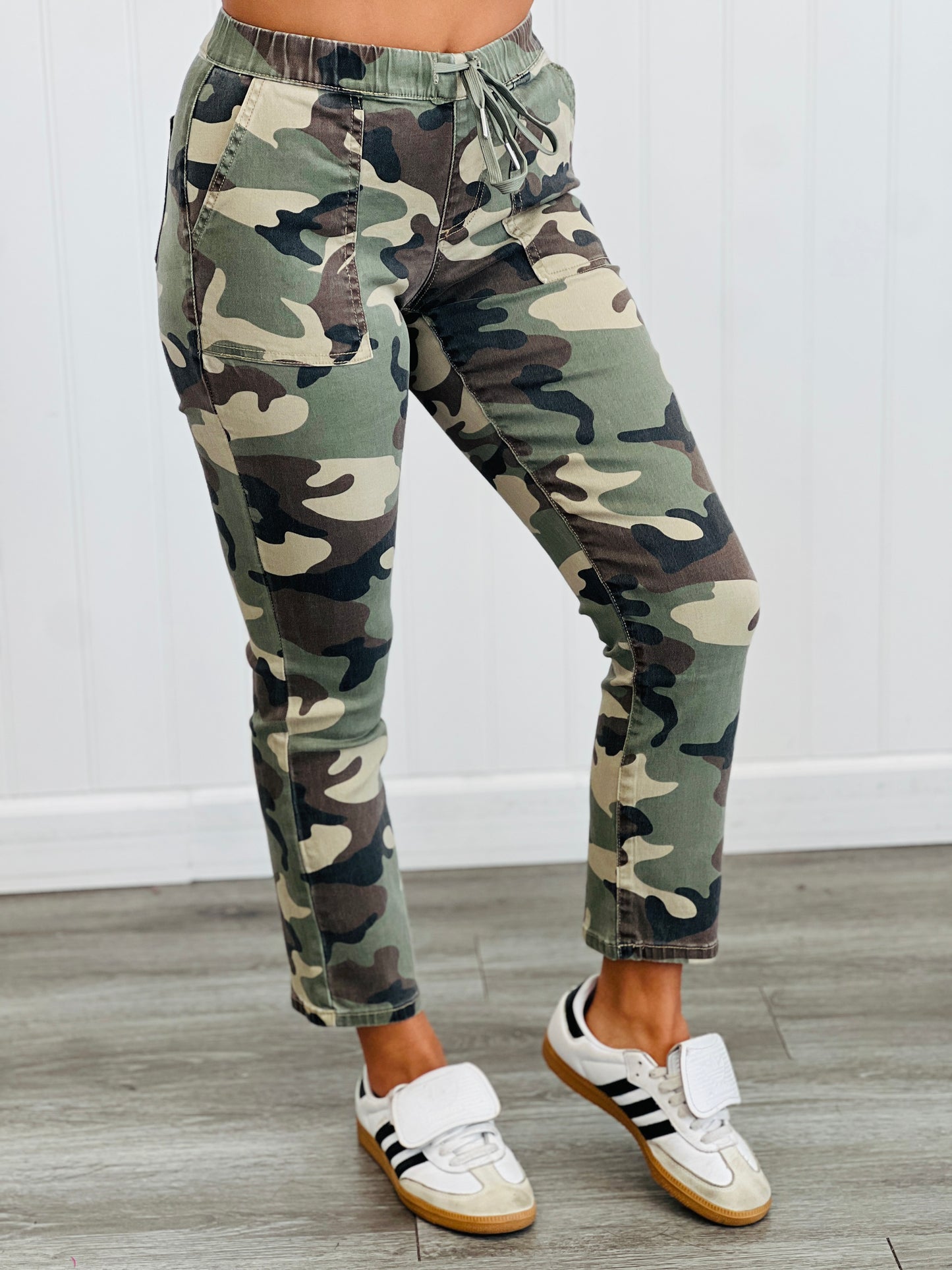 Olive Camo High Rise Cropped Pull On Pants (Reg. and Plus)