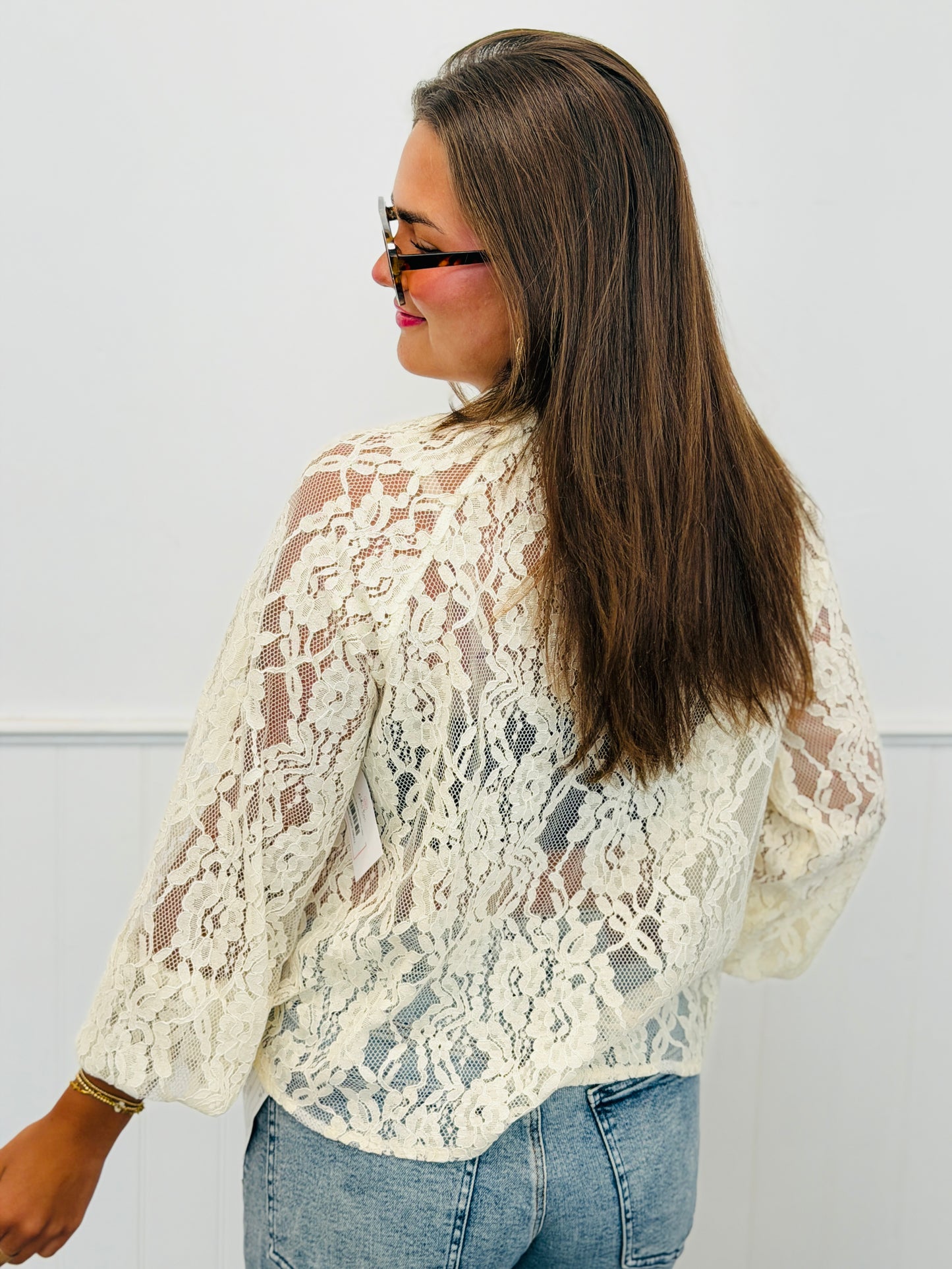 Sheer Lace Tie Neck Blouse (Reg.) - 2 Colors