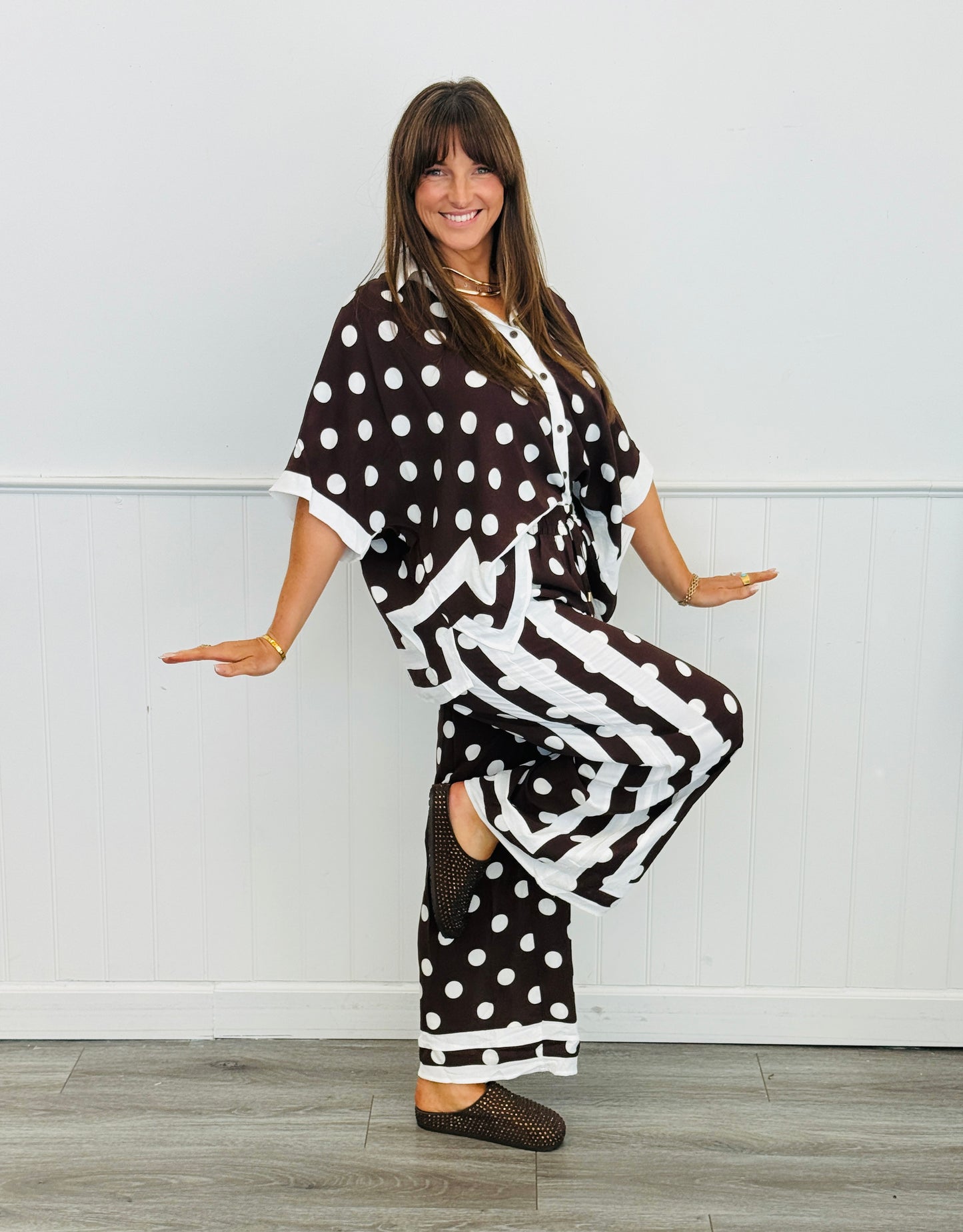 Chocolate/White Polka Dot Shirt & Pants Set (Reg & Plus)