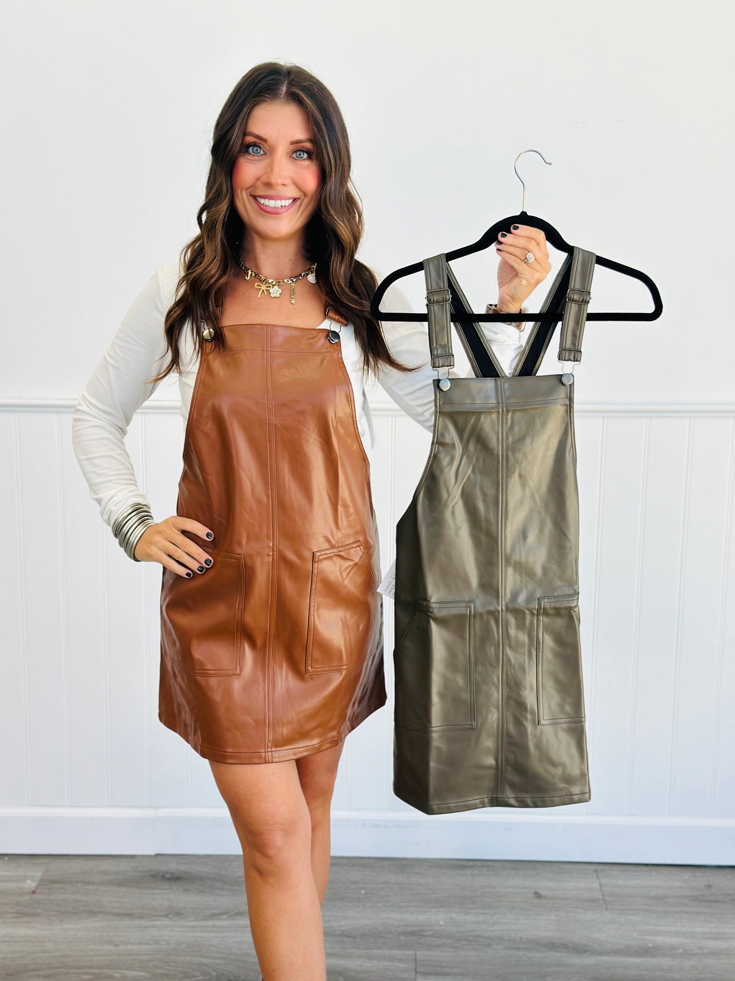 Faux Leather Overall Dress (Reg.)- 2 Colors