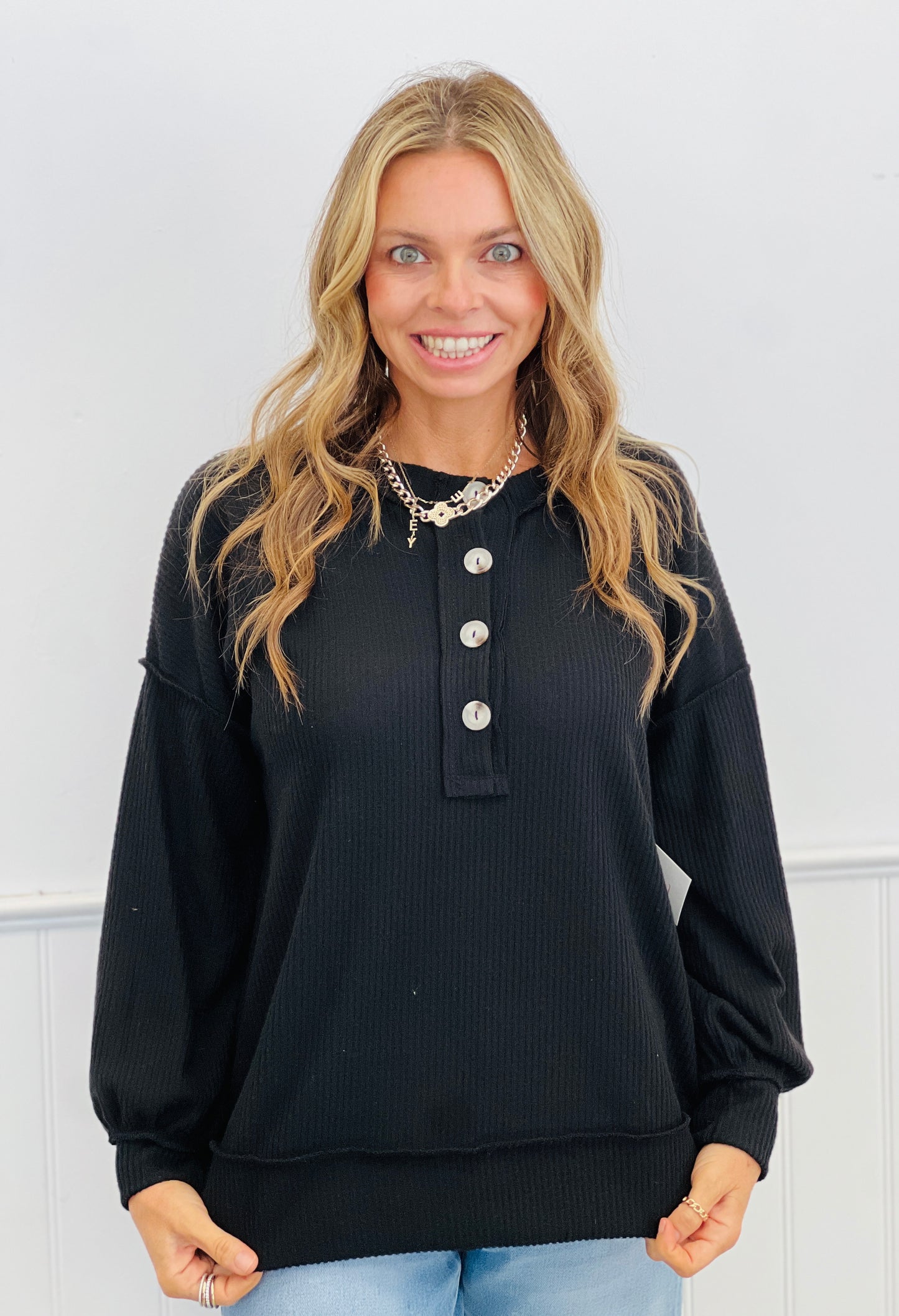 Andree Henley Ribbed Hacci Top (Reg. and Plus) - 7 Colors