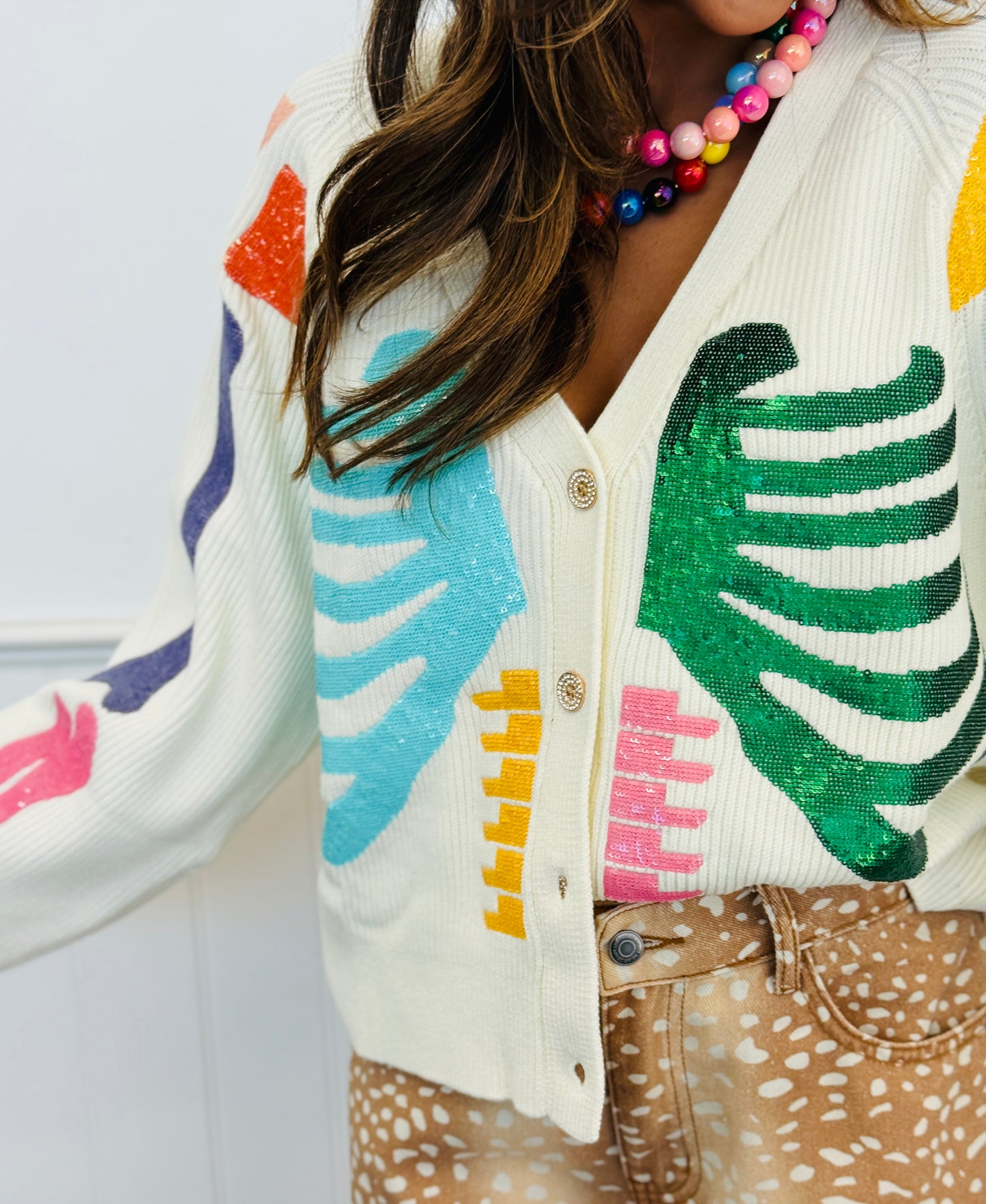 Queen Of Sparkles Ivory Multi Skeleton Button Up Cardigan (Reg. and Plus)