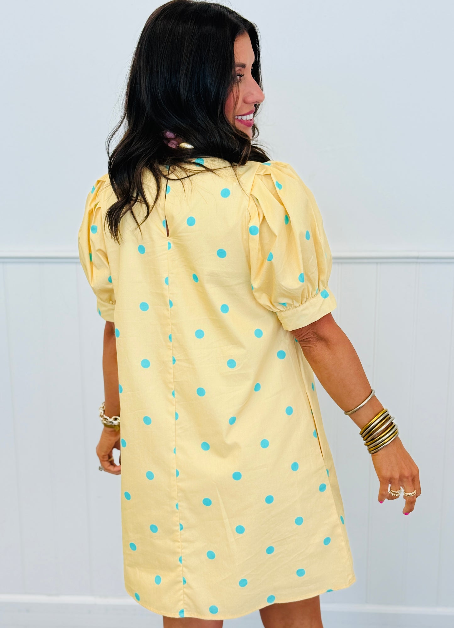 Yellow/Aqua Poplin Polka Dot Mini Dress (Reg.)