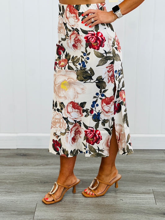 Ivory Multi Floral Side Slit Midi Skirt (Reg.)