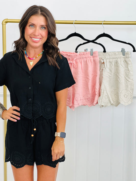 Eyelet Hem Linen Shorts (Reg.)-3 Colors