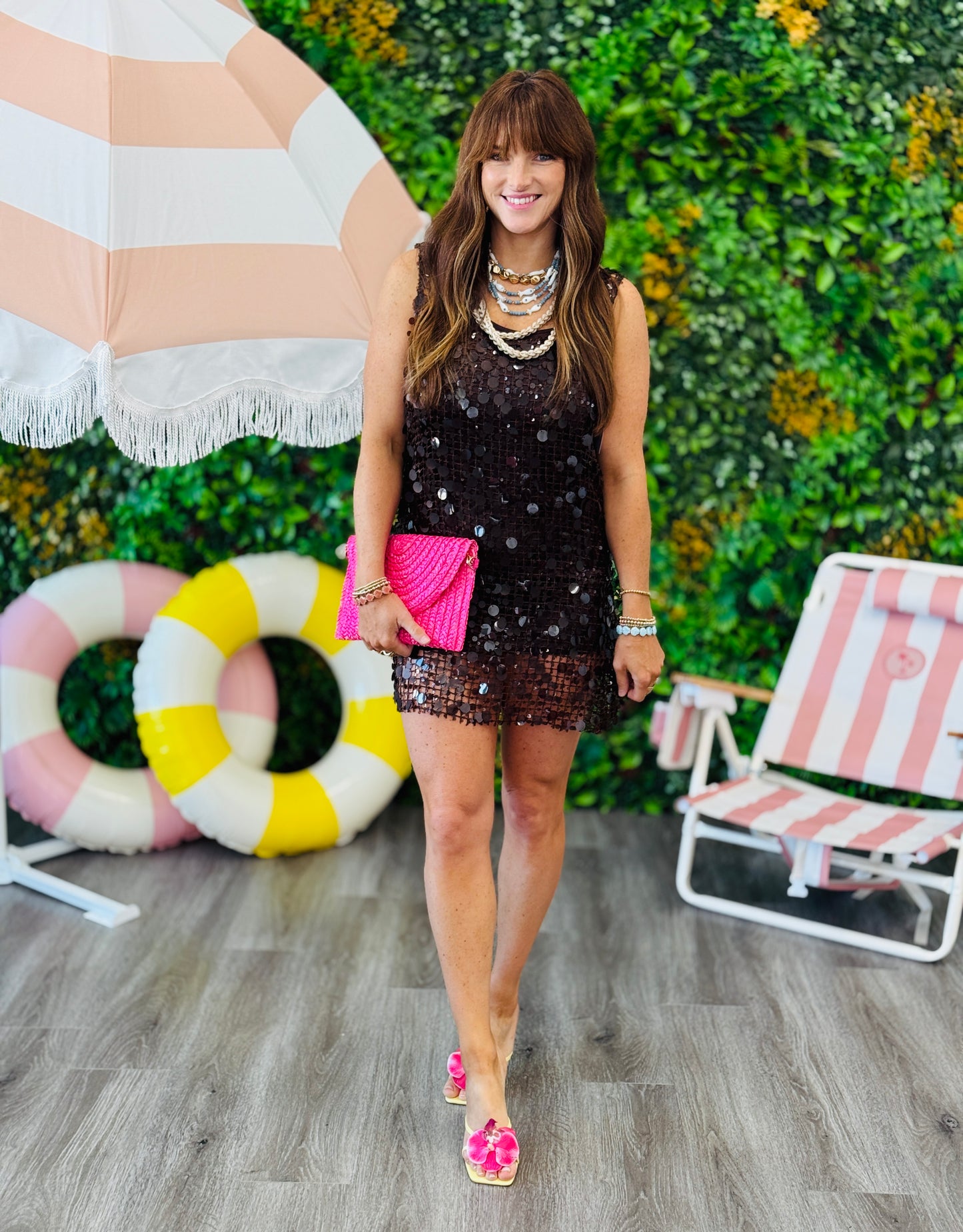 Brown Sequin Mesh Sleeveless Mini Dress (Reg.)