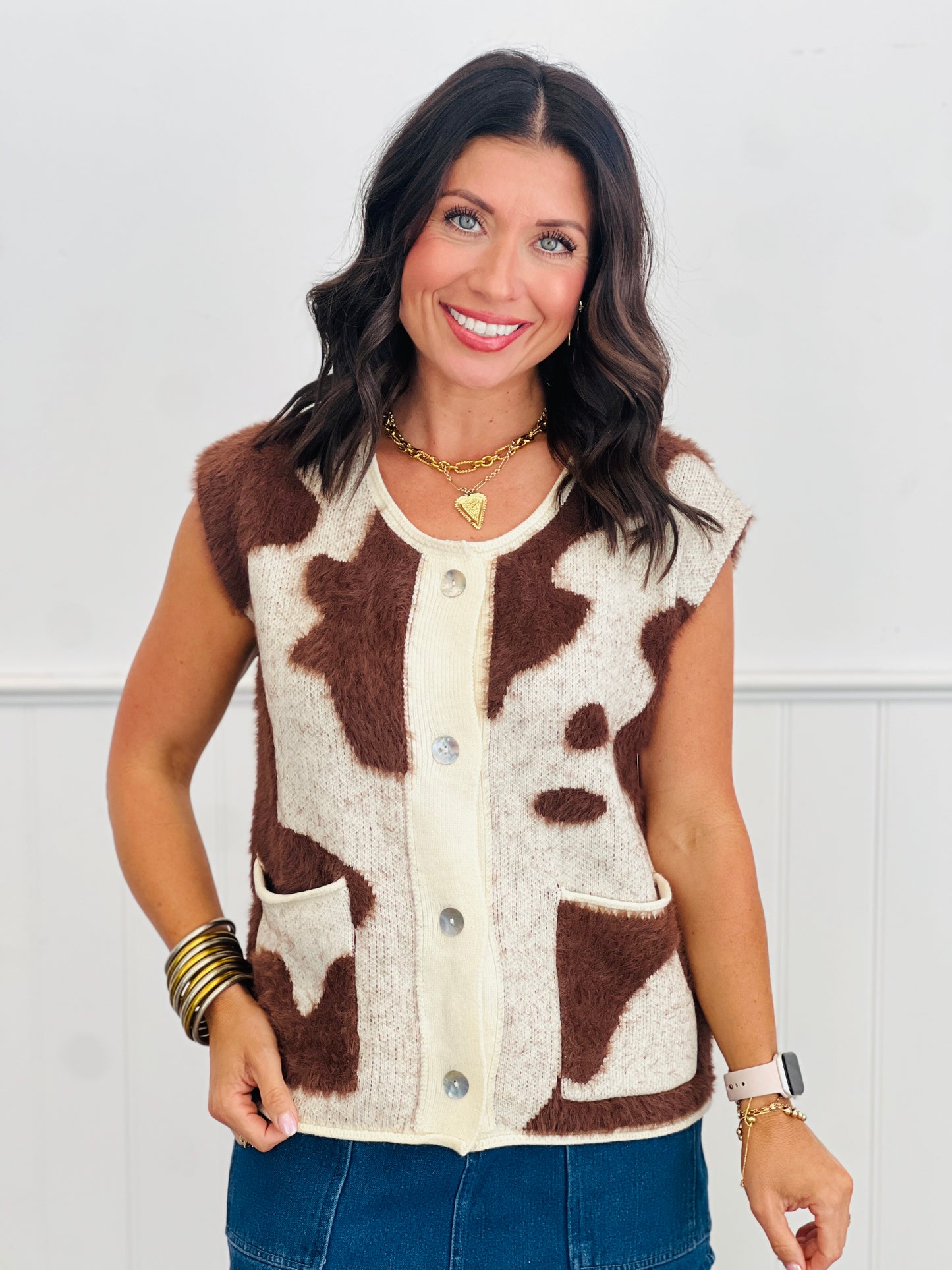 Cream/Brown Animal Button Up Sweater Vest (Reg.)
