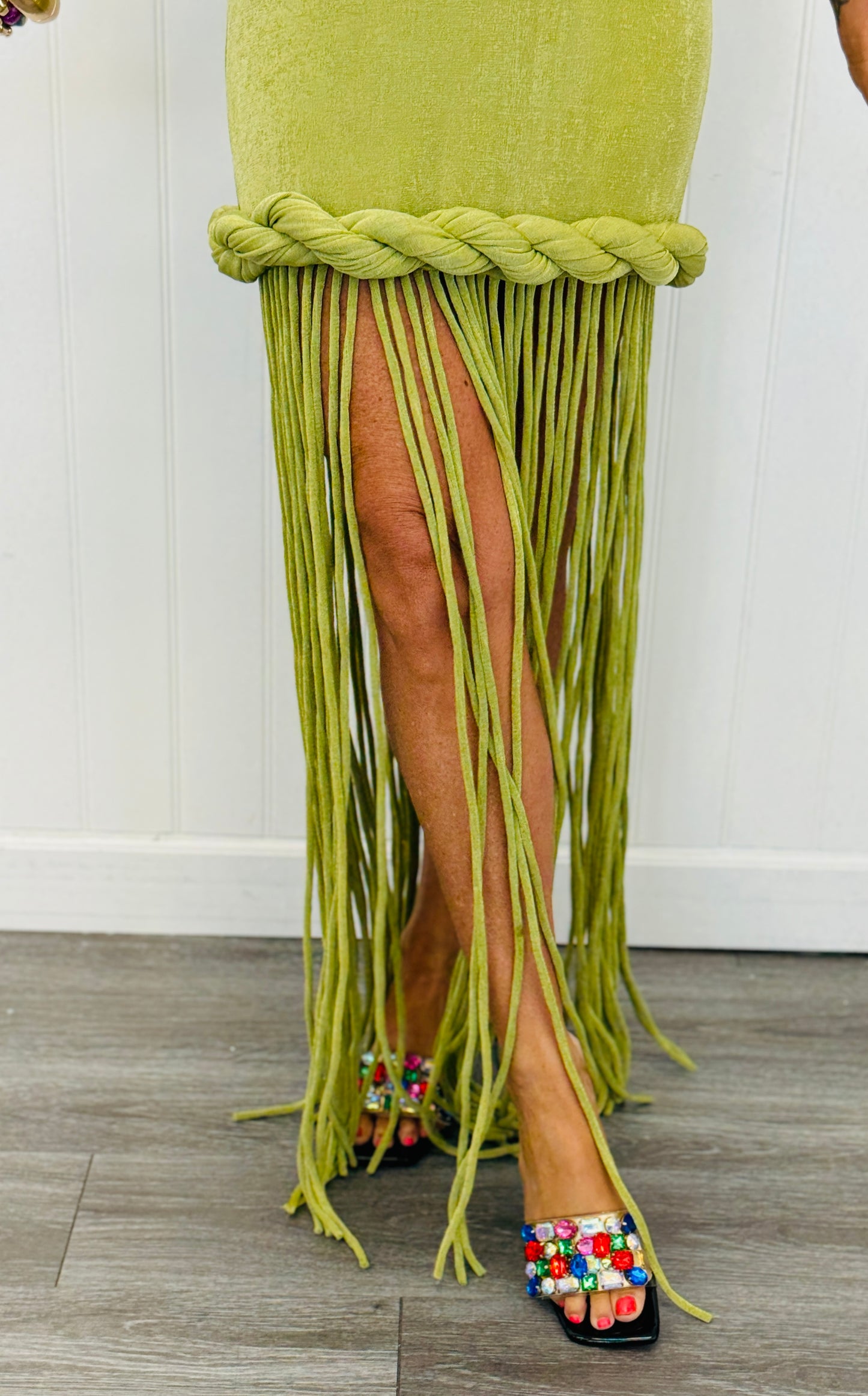 Green Halter Neck Twist Fringe Maxi Dress (Reg.)